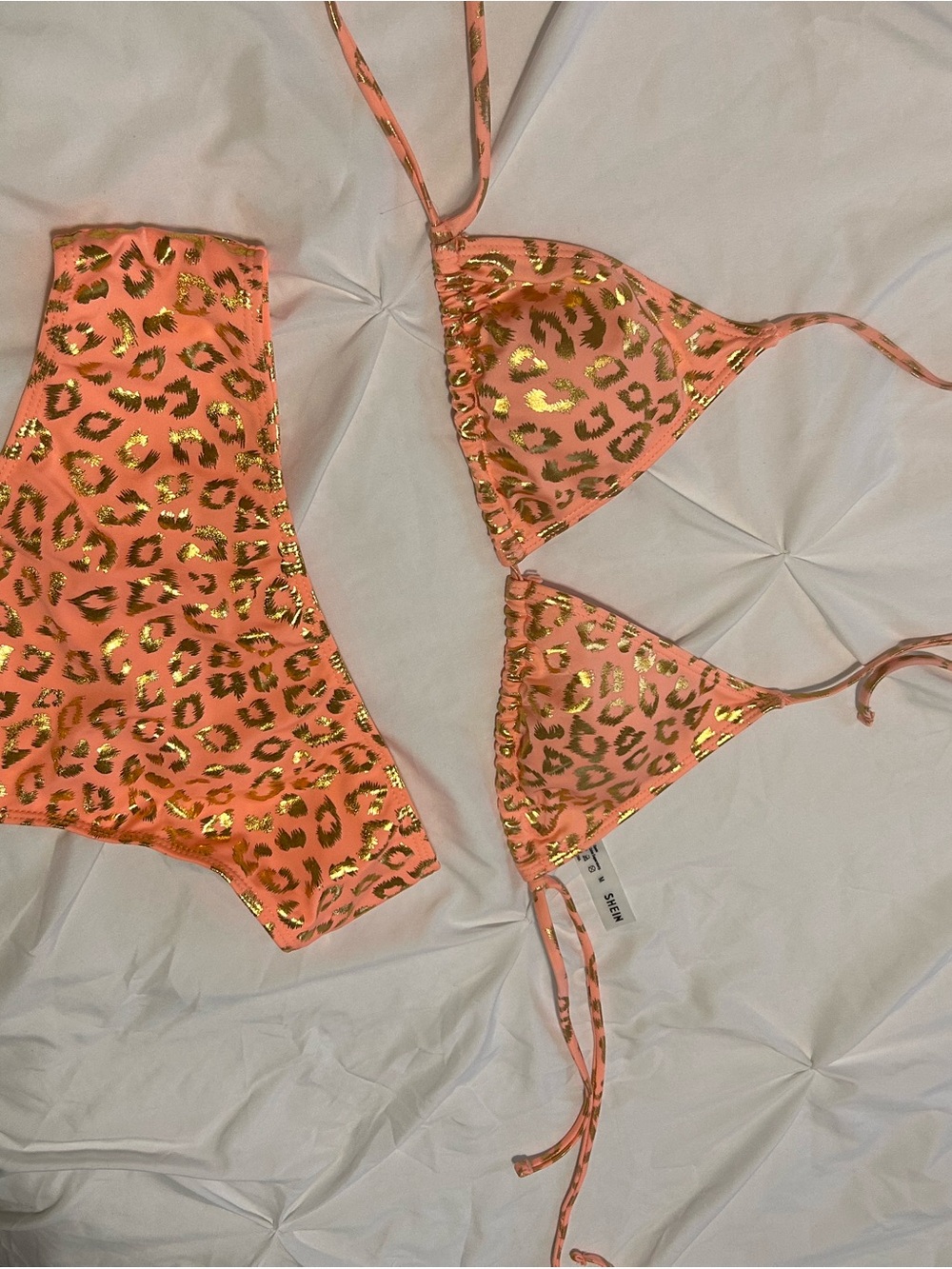 SHEIN Coral Gold Leopard Print Triangle Bikini Set Medium Top Large Bottom